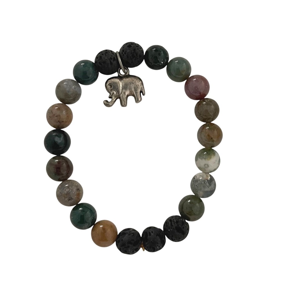 Natural Stone Lava Rock‎ Elephant Charm Stretch Bracelet Multicolor Earthy Boho